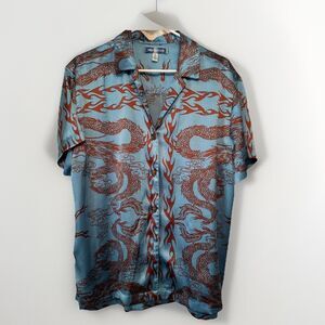 Urban Outfitters Short Sleeved Silky Button Down Dragon Print Shirt Sz Large